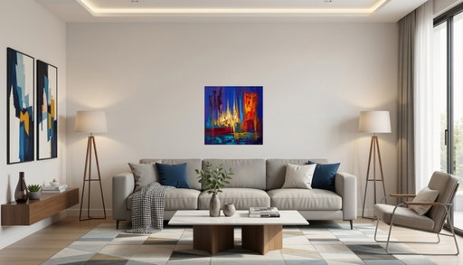 Kleurrijk Abstract Schilderij "De Dans Van De Vlammen" / (60x60 Cm)