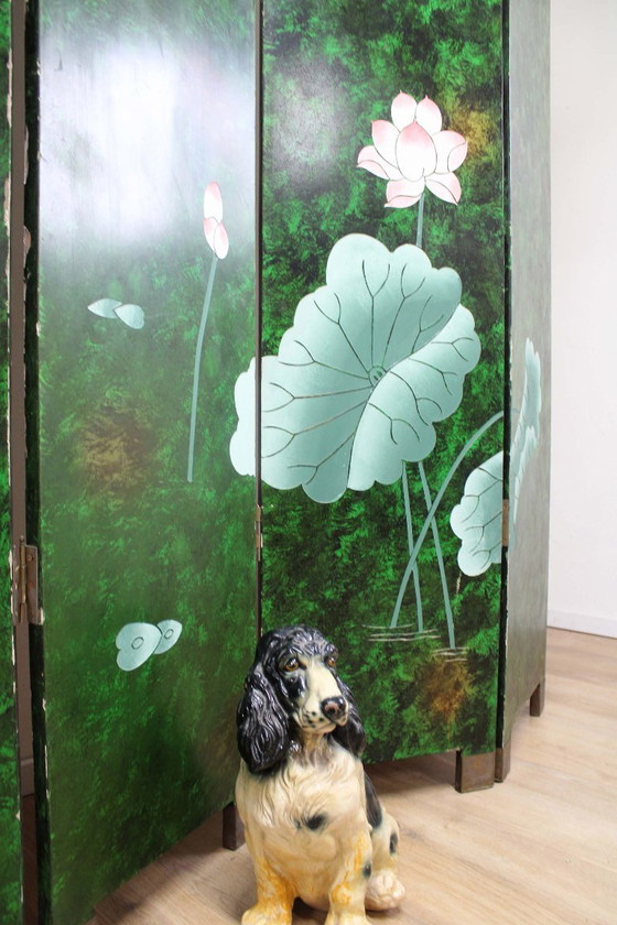Large Art Deco style room screen. Wooden vintage room divider, Green (photo 11 of 15)