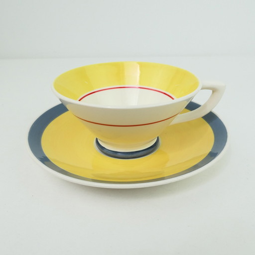 Vintage Petrus Regout tasse soucoupe jaune bleu forme conique