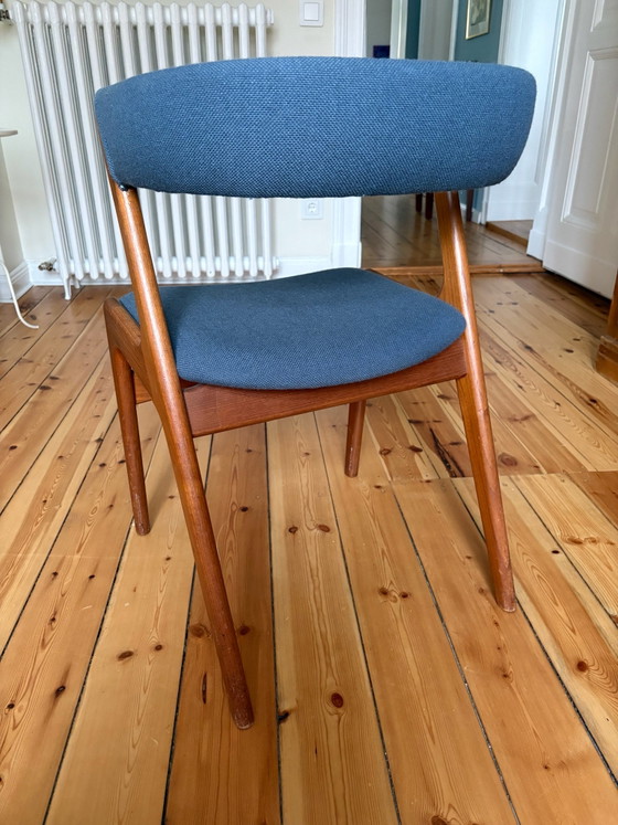 Mooie Vintage Teak Mid Century Stoel, Eetkamerstoelen, Textiel, Hout, Blauw (foto 5 van 5)