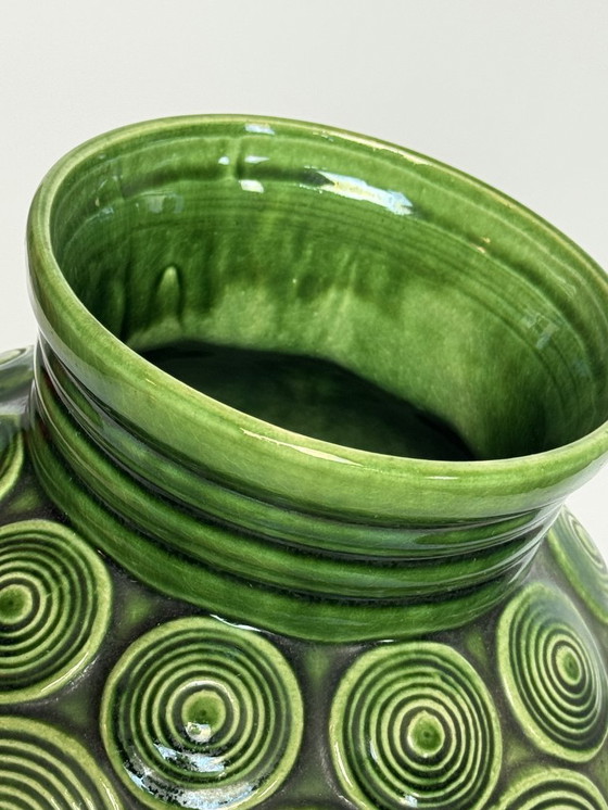 Image 1 of Large Mid-Century Ceramic Green Spiral Pattern Vase by Bay Keramik. West Germany, 1960s.