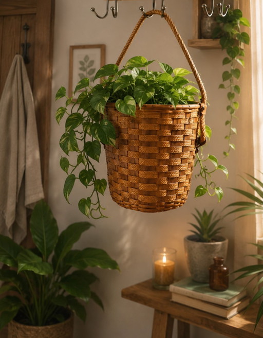 Hanging rattan and rope plant pot, 1960s