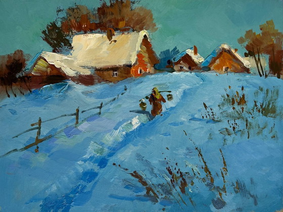 Image 1 of Origineel olieverfschilderij: Winterdorpslandschap met een besneeuwd pad in het dorp.