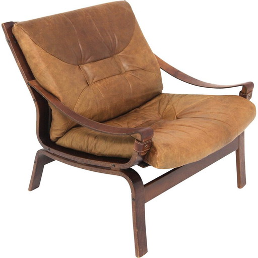 Fauteuil vintage en hêtre et cuir, Norvège 1960