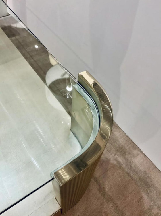 Image 1 of Caracole Modern Champagne Silver Square Coffee Table with Fluted Design, Large Contemporary Cocktail Table for Living Room