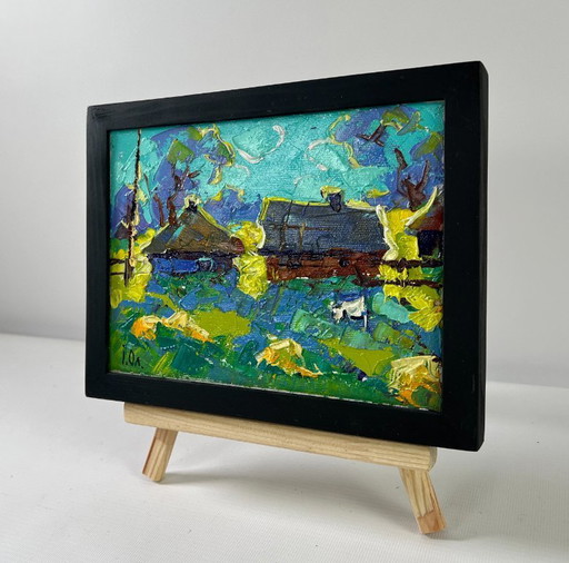 Original Oil Painting Summer Houses Landscape Moonlit night in the village