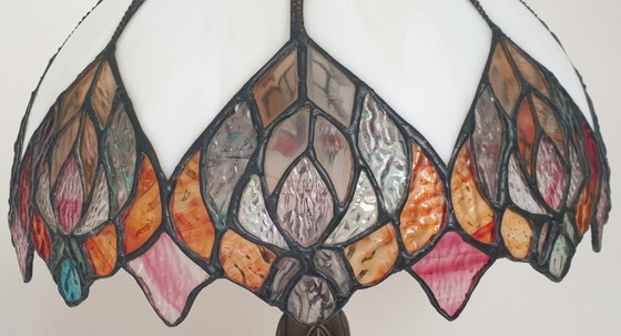 Image 1 of Large (52cm) Tiffany Stained Glass Table Lamp Peacock Feathers
