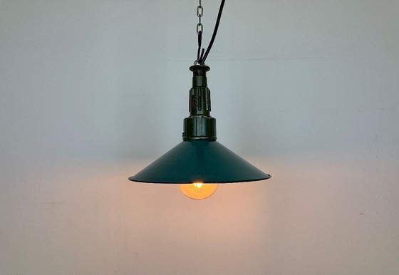Image 1 of Industrial Petrol Enamel Military Pendant Lamp with Cast Aluminium Top, 1960s