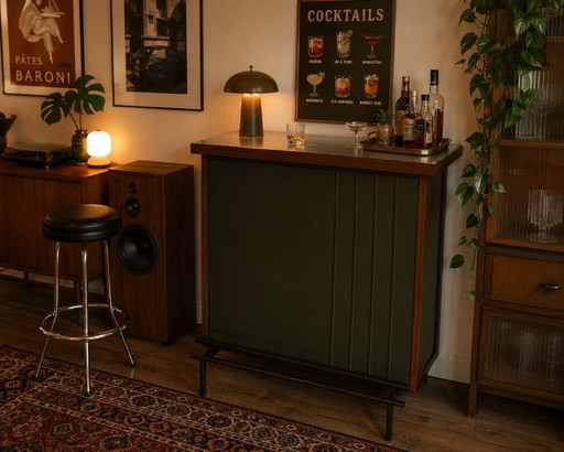 Belgische modernistische thuisbar van teak en staal – toegeschreven aan De Coene, jaren 1950-1960