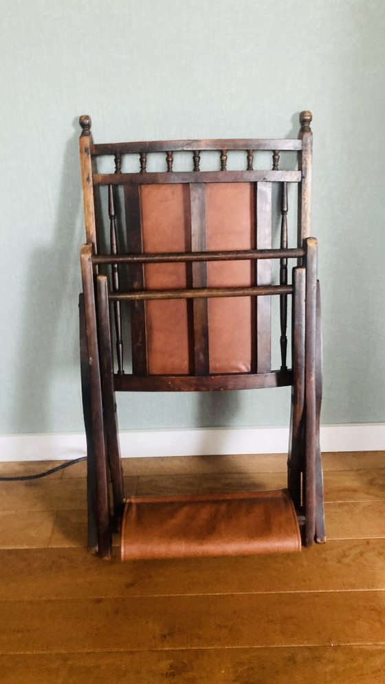 * Antieke Engelse militaire campagnestoel / safaristoel – Hout & tuigleer – ca. 1900 – Klapstoelen, Wood (photo 7 of 7)