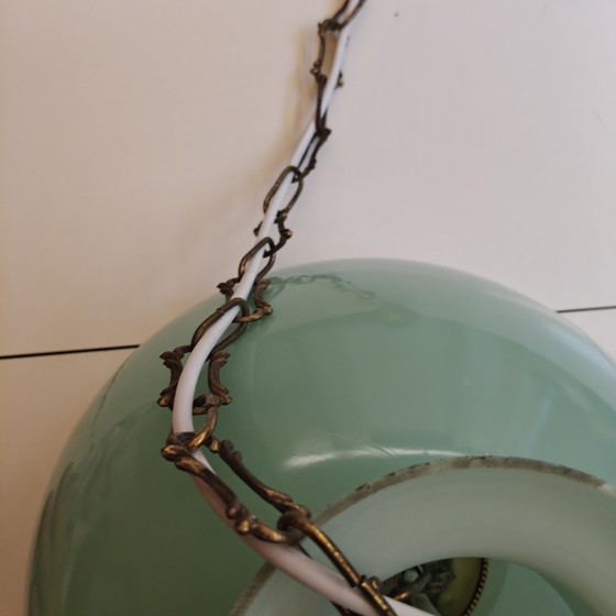 Image 1 of Vintage mintgroene hanglamp van opaalglas met dubbele glazen diffuser en messing ophanging.