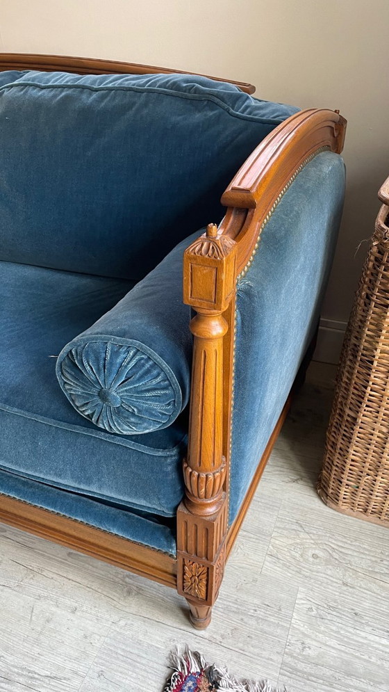 Vintage Jean Roche bank van hout en fluweel – ROCHE BOIS FRANCE, 3-5 zitsbanken, Velvet (photo 14 of 23)