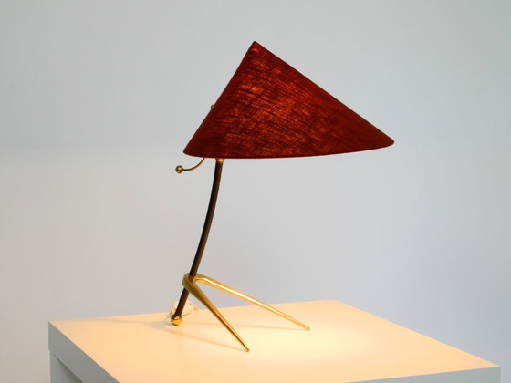 Image 1 of Beautiful, large, original Kalmar Mid-Century Modern tripod brass table lamp with a new fabric shade
