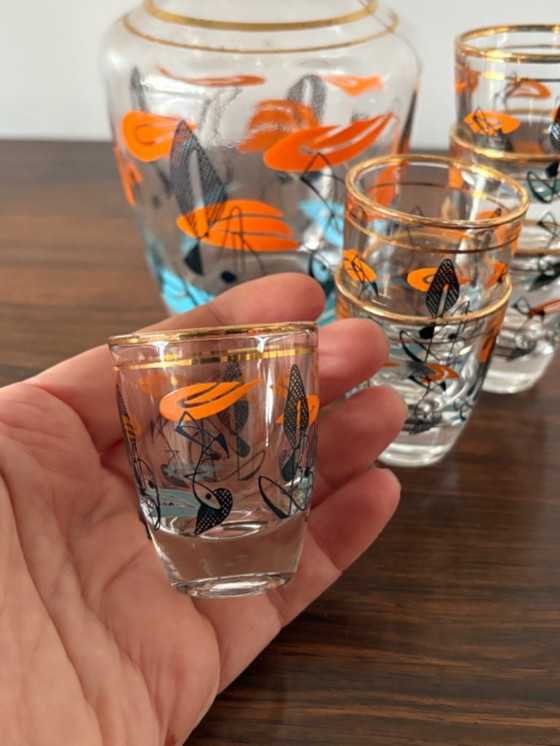 Image 1 of Magnifique ensemble de carafe à liqueur de style atomique des années 1960