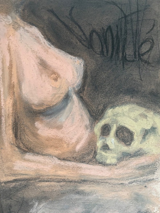 Image 1 of Gesigneerd pastel schilderij, symbool van leven en dood, "IJdelheid"