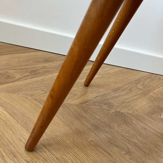 Image 1 of Vintage Polish Footstool: Mid Century Modern Grey Fabric, Wood Legs