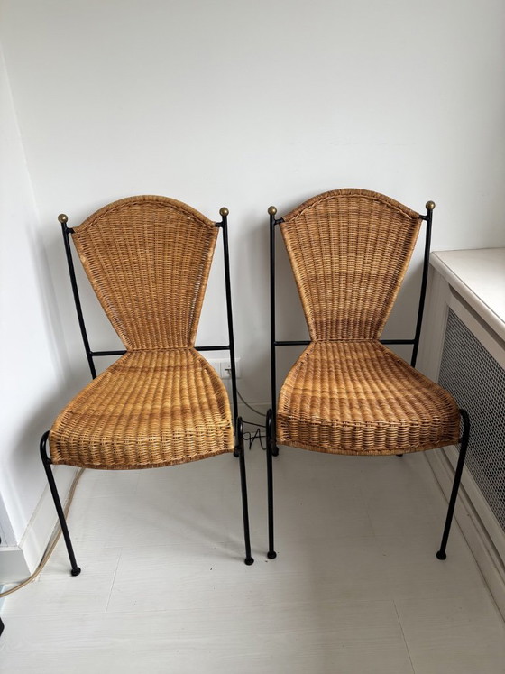 Set aus 6 Frederic Weinberg Stühlen, 1950er Jahre, Frederick Weinberg, Esszimmerstühle, Metall, Rattan (Foto 6 von 13)