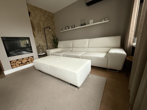 White Leather Sofa With Hocker