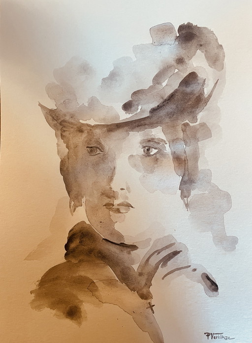 Signed Watercolor Monochrome Sepia Portrait of a Woman "Lumière" (Light)