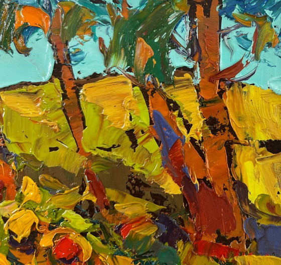 Image 1 of Original Oil Painting Village Flowers Landscape Yellow song of summer