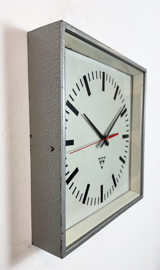 Image 1 of Grey Industrial Square Wall Clock from Pragotron, 1970s