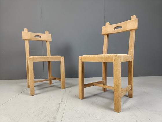 Image 1 of Set van 6 eiken en rieten Brutalistische eetkamerstoelen, 1960S