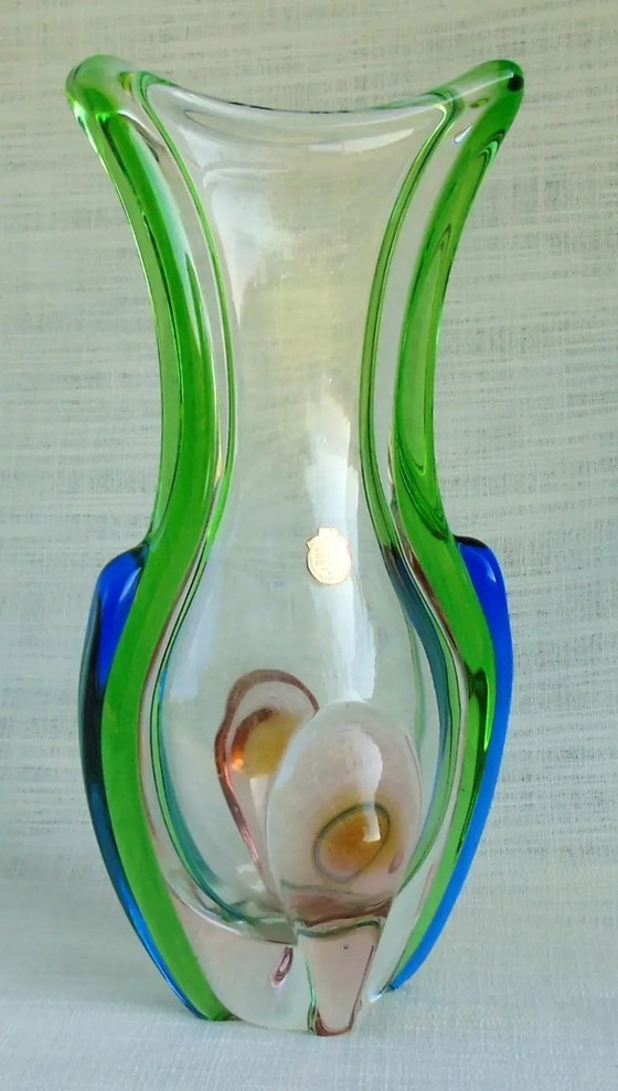 Image 1 of Vintage František Zemek Rhapsody Bohemian Crystal Vase, Czech Sommerso Art Glass, Original Label, Mid-Century Design