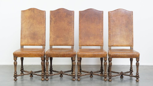 4 x Chaise de salle à manger ancienne en bois et cuir de mouton