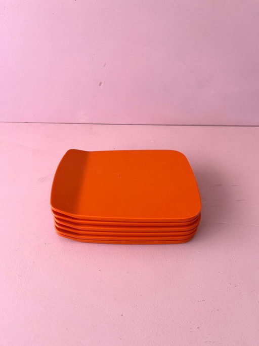 Rosti Mepal plates, 6x orange midcentury vintage boards, 70s postmodern, Denmark dinnerware