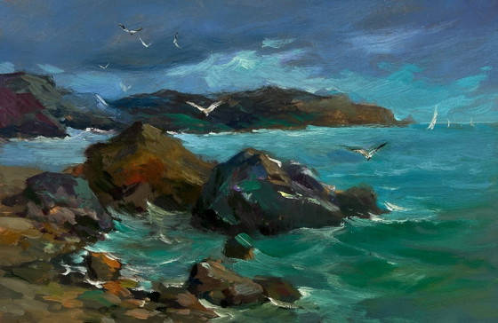 Image 1 of Original Oil Painting Coastal Rock Landscape A sea storm is approaching