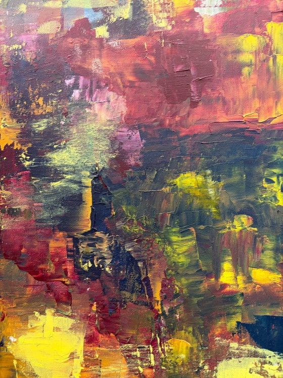 Pintura abstracta con hojas de otoño, Pinturas y dibujos, Lienzo, Otro, Amarillo (foto 3 de 5)