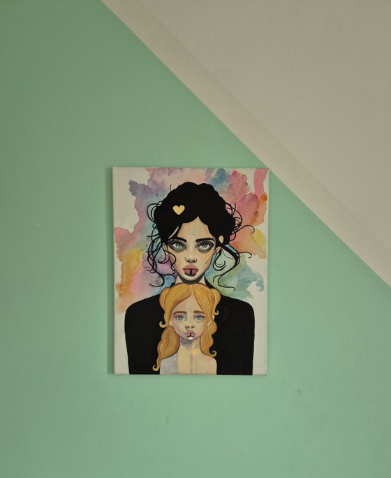 Image 1 of Mère et fille – Portrait contemporain en techniques mixtes
