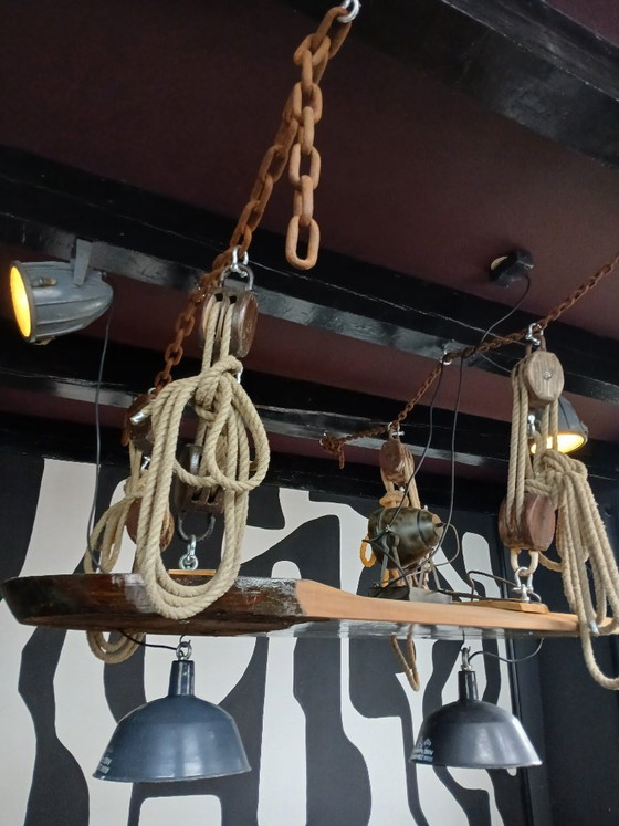 Image 1 of Robust ship's table with ceiling piece, accessories, and lamps for 18 people