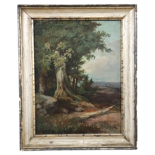 Pintura al óleo antigua italiana sobre lienzo, paisaje de bosque
