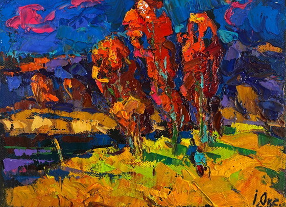 Image 1 of Original Oil Painting Autumn Night Landscape Melody of the wind and whispers