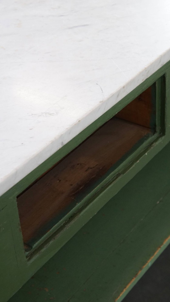 Image 1 of Antico bancone/comò verde della fine del XIX/inizio del XX secolo con piano in marmo
