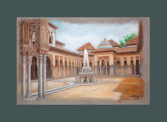 Image 1 of Drawing of the Alhambra. Court of the Lions. Painting of the Alhambra. Painting of the Court of the Lions.