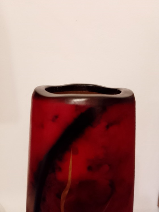 Image 1 of Rare Montjoye roll vase, manufactured by Legras, Art Nouveau style, enameled and gilded, with a wavy neck