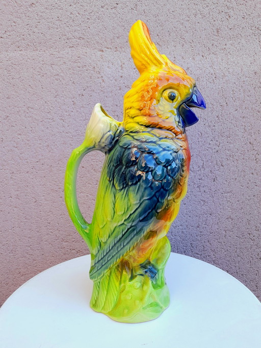 Parrot pitcher in St Clément barbotine, 1950