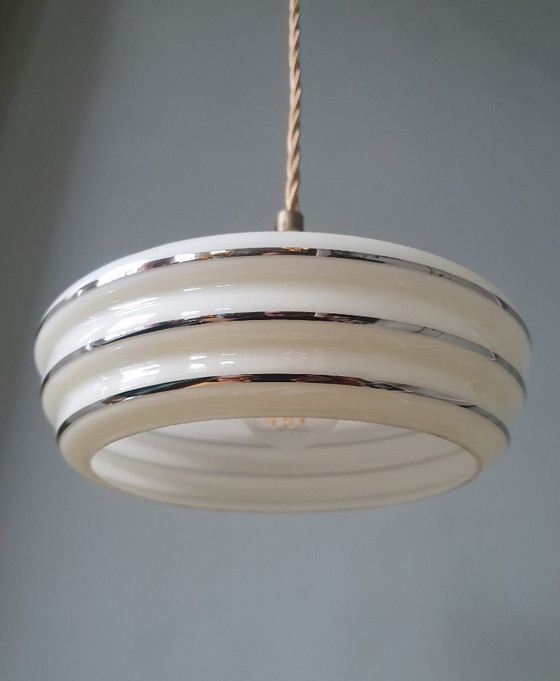 Image 1 of Set of 2 vintage pendant lamps made of opaline glass.