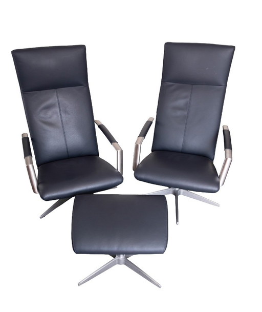 2x Fauteuil + Hocker – draaistoelen, Metal, Leather