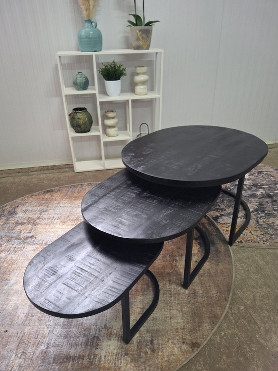 Image 1 of Sturdy oval coffee table set made of mango wood and metal, new