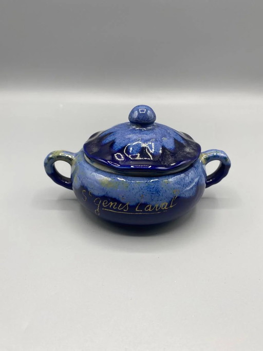 Cobalt blue ceramic decorative pot, Saint-Genis-Laval souvenir, golden inscription – servies (photo 2 of 5)