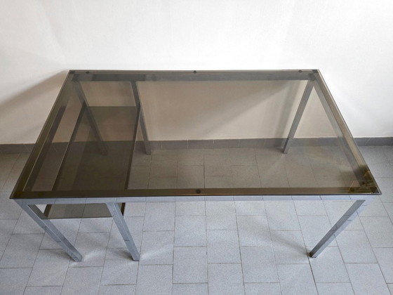 Image 1 of Scrivania vintage anni '70 in acciaio cromato e vetro fumé, Saint-Gobain, anni '70