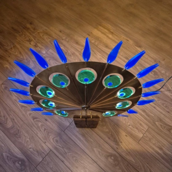 Image 1 of Artful light object brass and oak, Netherlands 1970s