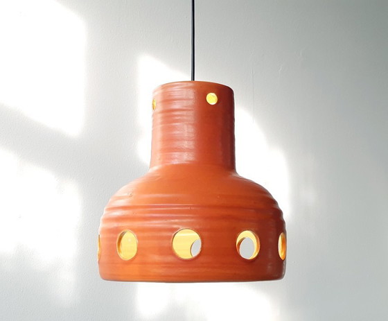 Image 1 of Oranje keramieken Mobach hanglamp, west germany fat lava stijl, vintage aardewerken oranje lamp