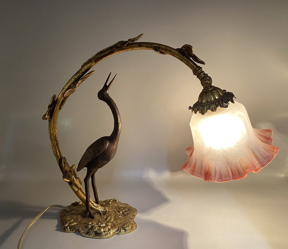Image 1 of 1 lampada da scrivania in bronzo Art Nouveau con airone