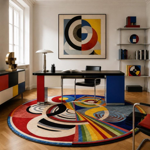 Rond vloerkleed geïnspireerd op Robert Delaunay – Handgeknoopt zijdewol, vierkant kunsttapijt van 215 cm. (photo 2 of 9)
