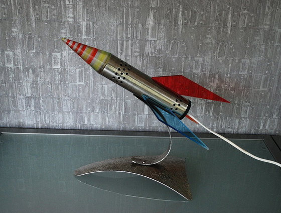 Image 1 of Rocket lamp, Red Yellow Blue made of stainless steel 1970s Space age, handmade