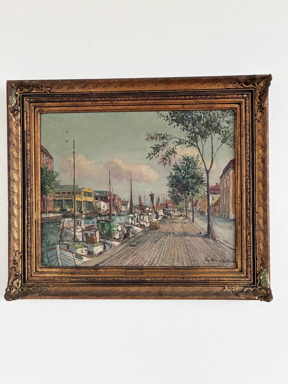 Image 1 of Pintura al óleo original de época que representa un puerto escandinavo.